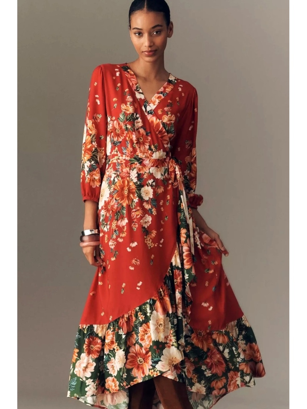 Farm Rio Anthropologie Long-Sleeve Floral Wrap Midi Dress Large NWT